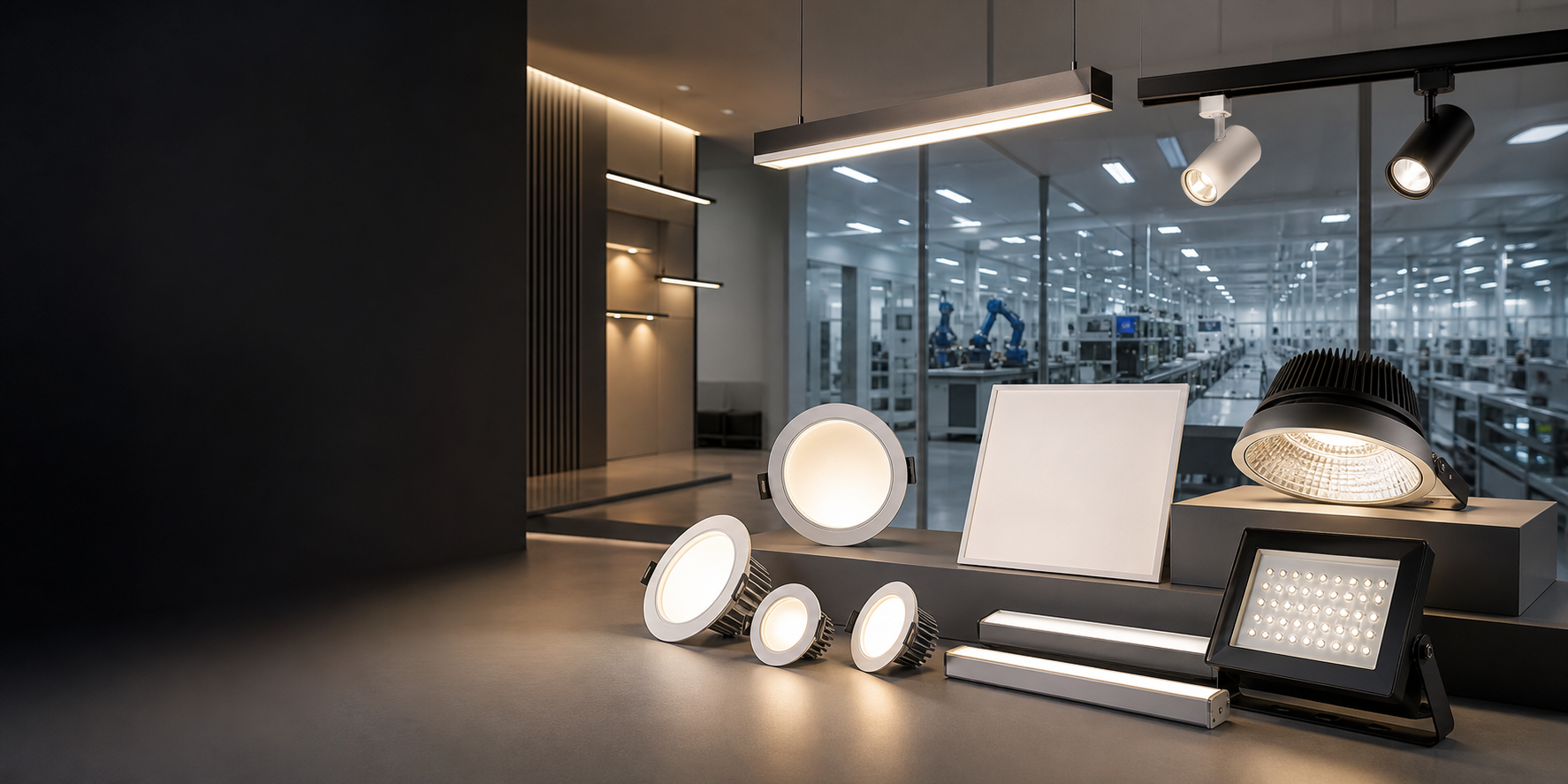 LED lighting products displayed in a modern factory showroom